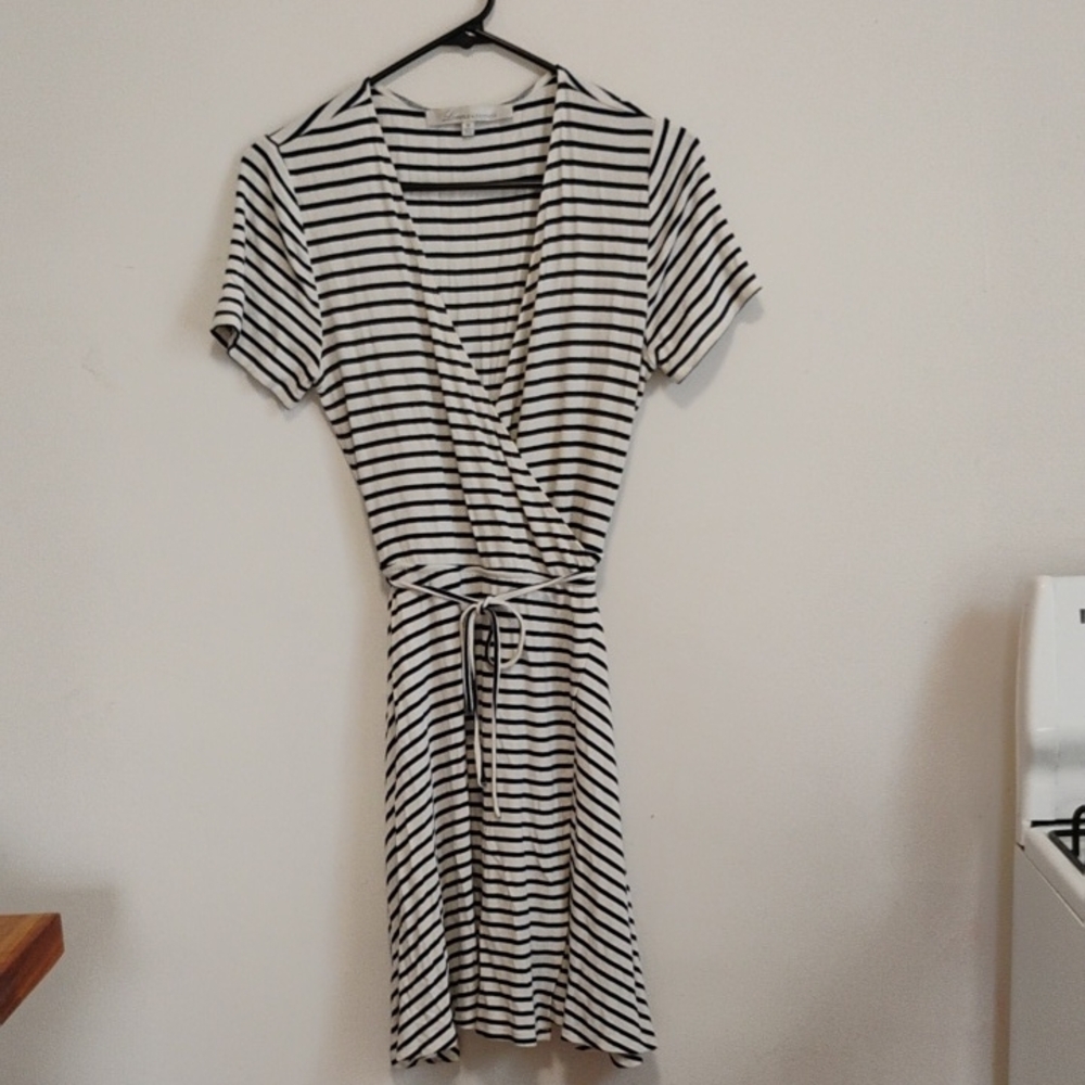 lovers + friends | White + Navy Striped Short-Sleeve Wrap Dress | M
